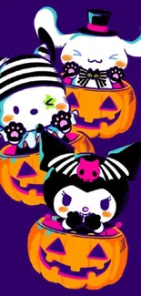 Cute Halloween characters in pumpkins on a purple background.