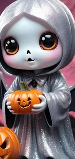 Cute ghost with pumpkin in Halloween art.