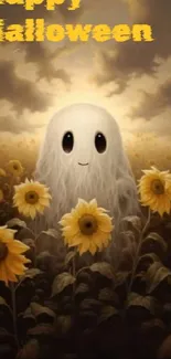 Cute ghost in sunflower field with Happy Halloween text.