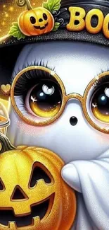 Cute animated ghost with pumpkin and spooky Halloween theme.