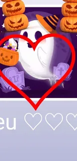 Cute Halloween ghost with pumpkins and tombstones on mobile wallpaper.