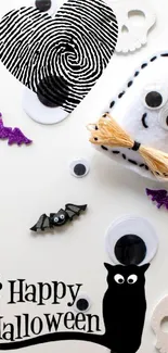 Cute Halloween ghost with bats and black cat in a fun wallpaper.