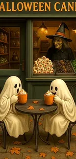 Cute ghosts having drinks in a Halloween candy shop with a witch.