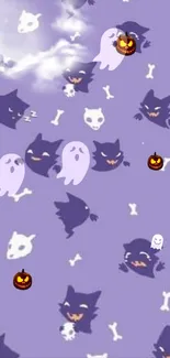 Cute Halloween wallpaper with playful ghosts and pumpkins on a purple background.