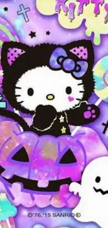 Cute Halloween Hello Kitty wallpaper with colorful pastel design.