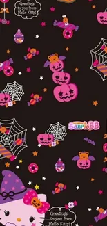 Hello Kitty Halloween wallpaper with pumpkins and cobwebs.