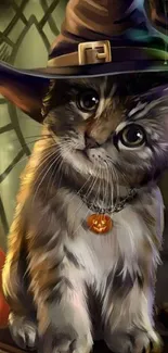 Cute kitten in witch hat with pumpkin pendant, Halloween theme.