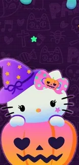 Cute Halloween kitty in a pumpkin wallpaper with vibrant purple and orange hues.