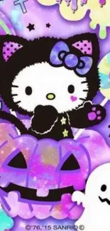 Adorable Halloween kitty with purple and colorful background on mobile wallpaper.