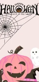 Cute Halloween wallpaper with pink pumpkin, ghost, and black cat on light pink background.