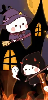 Cute Halloween characters and haunted house wallpaper.