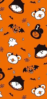 Cute Halloween wallpaper with orange background and playful characters.