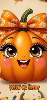 Cartoon pumpkin with a bow for Halloween theme.