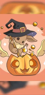 Cute creature in witch hat with a pumpkin on peach background.