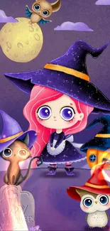 Adorable witch and owls Halloween wallpaper.