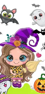 Cute witch with Halloween themed design, featuring a purple hat and playful elements.