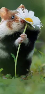 Cute hamster holding a daisy in a green field.