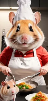 Cute hamster chef cooking in a kitchen, perfect for phone wallpaper.