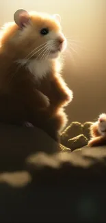 Two realistic hamsters in a warm, soft-focus mobile wallpaper scene.