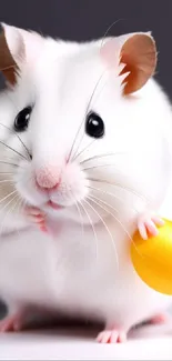 Adorable white hamster holding a yellow toy.