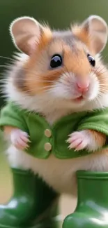 Cute hamster wearing a tiny green outfit and boots.