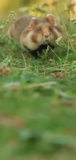 Cute hamster running through green grass.