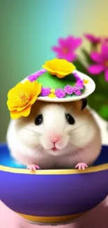 Cute hamster in a colorful bowl with flowers on its head.