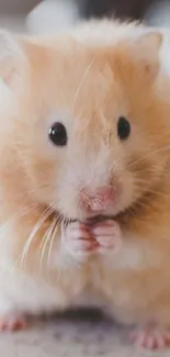 Cute fluffy hamster with tiny paws on a mobile wallpaper.