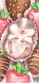 Cute watercolor hamster with chocolate strawberries wallpaper.