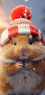 Adorable hamster with red knit hat in a snowy winter scene.