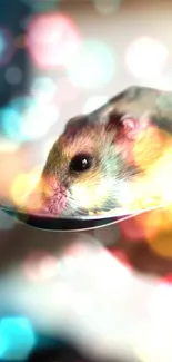 Cute hamster with colorful bokeh background on a spoon.