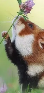 Cute hamster sniffing a purple flower on green background.