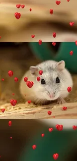 Cute hamster with heart bubbles on mobile wallpaper.