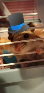 Cute hamster peeks from cage wearing a top hat, adding fun to your mobile screen.