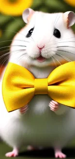 Adorable white hamster holding a yellow bow tie with bright flowers.