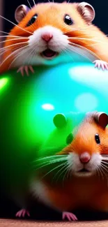 Two cute hamsters with a glowing neon ball, brightly colored wallpaper.