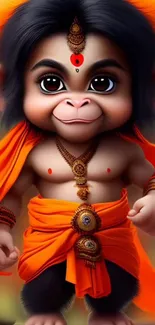 Cartoon Hanuman in orange attire with a vibrant background.