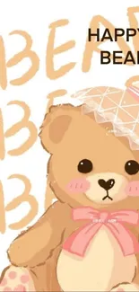 Cute teddy bear with pink bow and hat on mobile wallpaper.