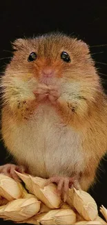 Adorable harvest mouse on wheat with dark background.