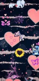 Cute wallpaper with hearts, animals, and a sunflower on dark blue background.