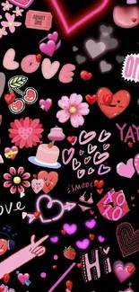 Cute mobile wallpaper with hearts and flowers on a black background.