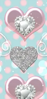 Cute hearts wallpaper with wings and glitter accents on a pastel background.