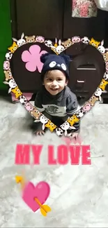 Smiling baby with heart frame and 'My Love' text.