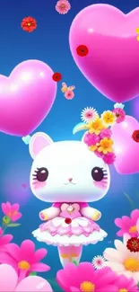 Cute character with heart balloons and flowers in a vibrant mobile wallpaper.