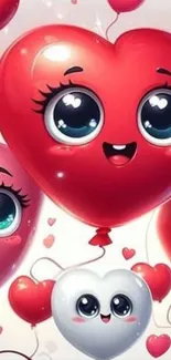 Cute animated heart balloons with big eyes.