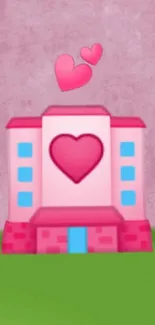 Cute heart-themed pink building wallpaper for mobile.