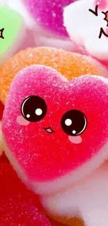 Cute heart-shaped candy wallpaper with kawaii expressions.