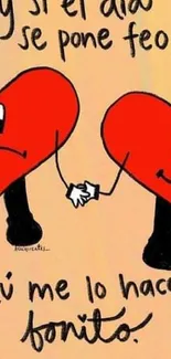 Cute cartoon hearts holding hands with playful expressions.