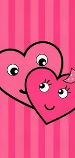 Two pink cartoon hearts with faces on a striped background.