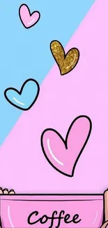 Cute pastel hearts and coffee cup illustration.